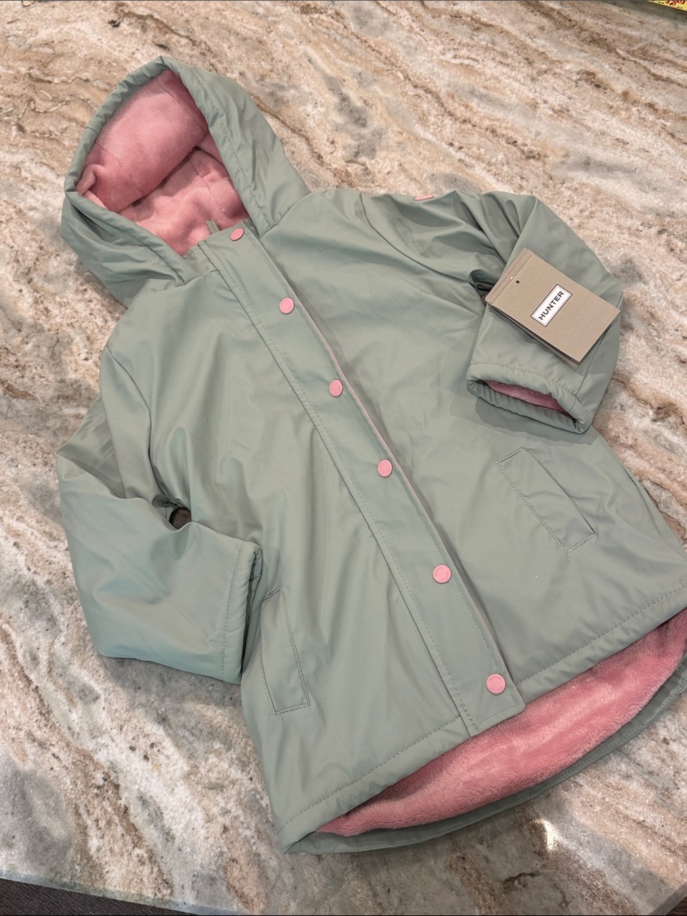Hunter Kids Rain Jacket in Sage Green with Pink Lining